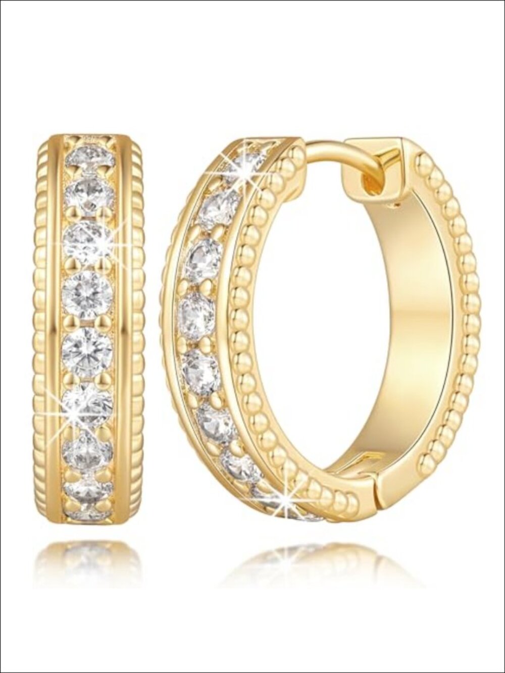 14K Gold Plated Hoop Earrings Cubic Zirconia Beaded Texture 19mm
